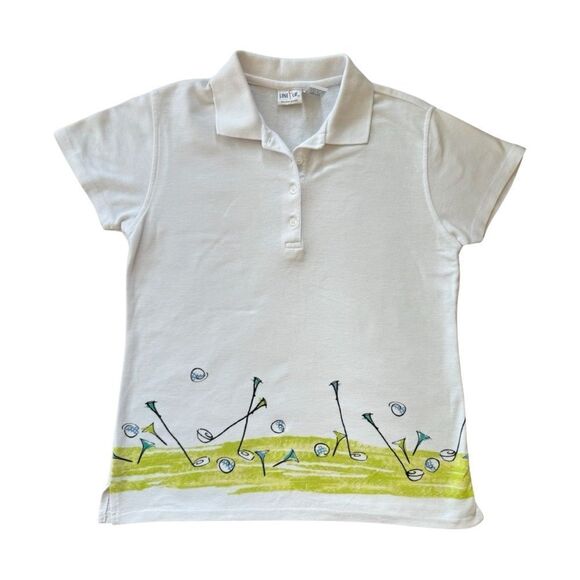 Line-Up Women’s Golf Graphic Trimmed Golf Tees Clubs Collared 4 Button SS Polo - Picture 1 of 7